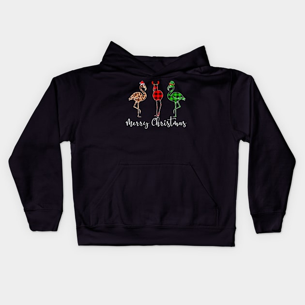 Merry Christmas Leopard Red Green Plaid Flamingo Kids Hoodie by Dunnhlpp